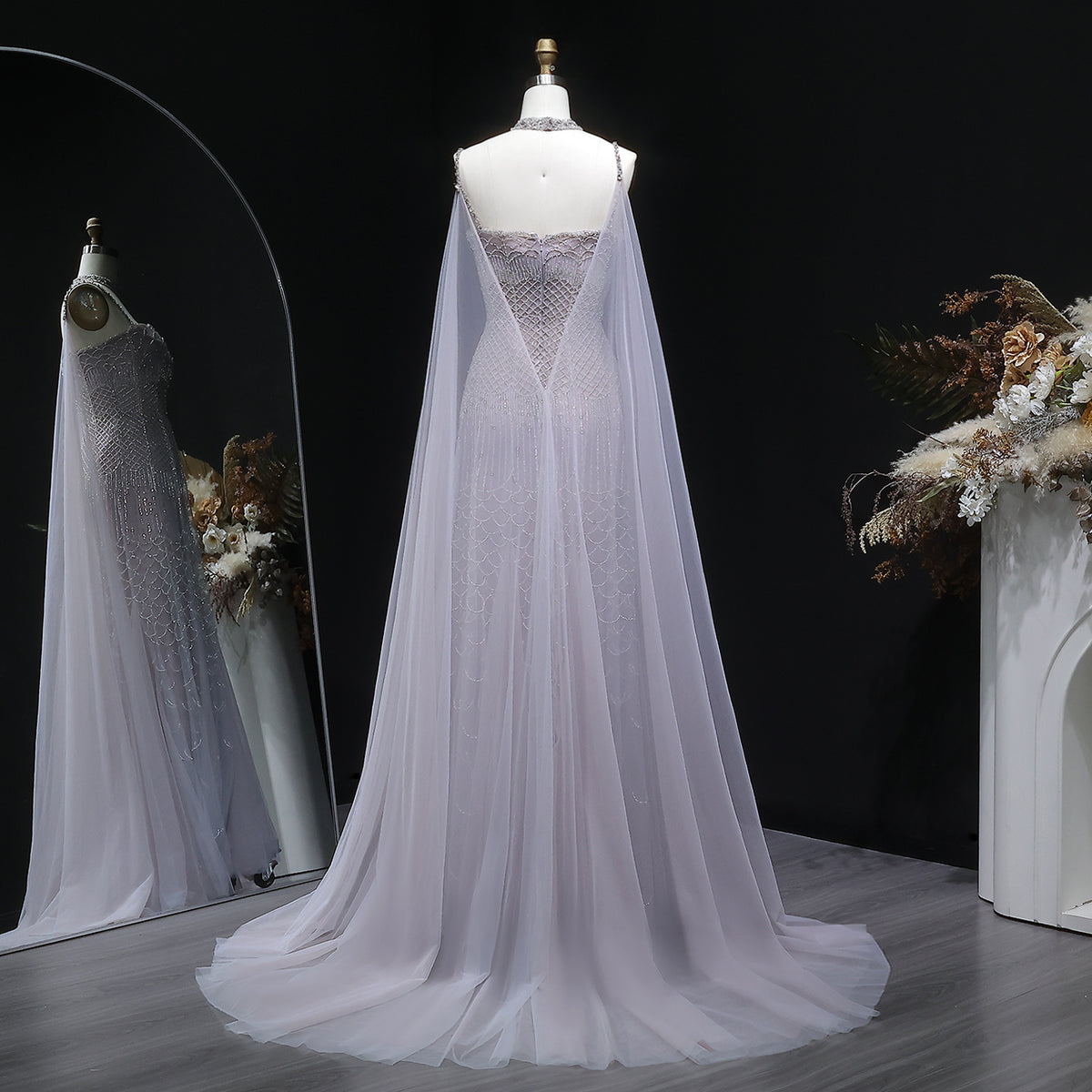 Elegant Beaded Lotus Pink Evening Dress with Sheer Cape Choker SS509 