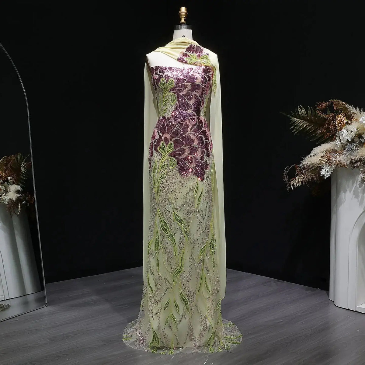 Luxury Purple Green Beaded sequin Cape Train Evening Dress SS511 