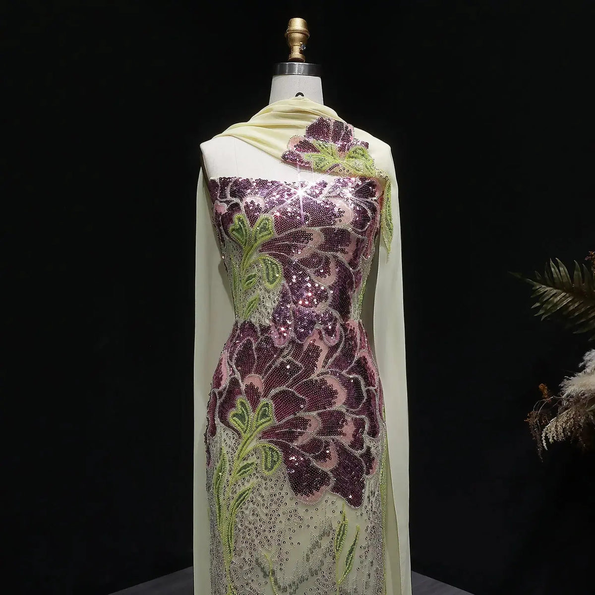 Luxury Purple Green Beaded sequin Cape Train Evening Dress SS511 