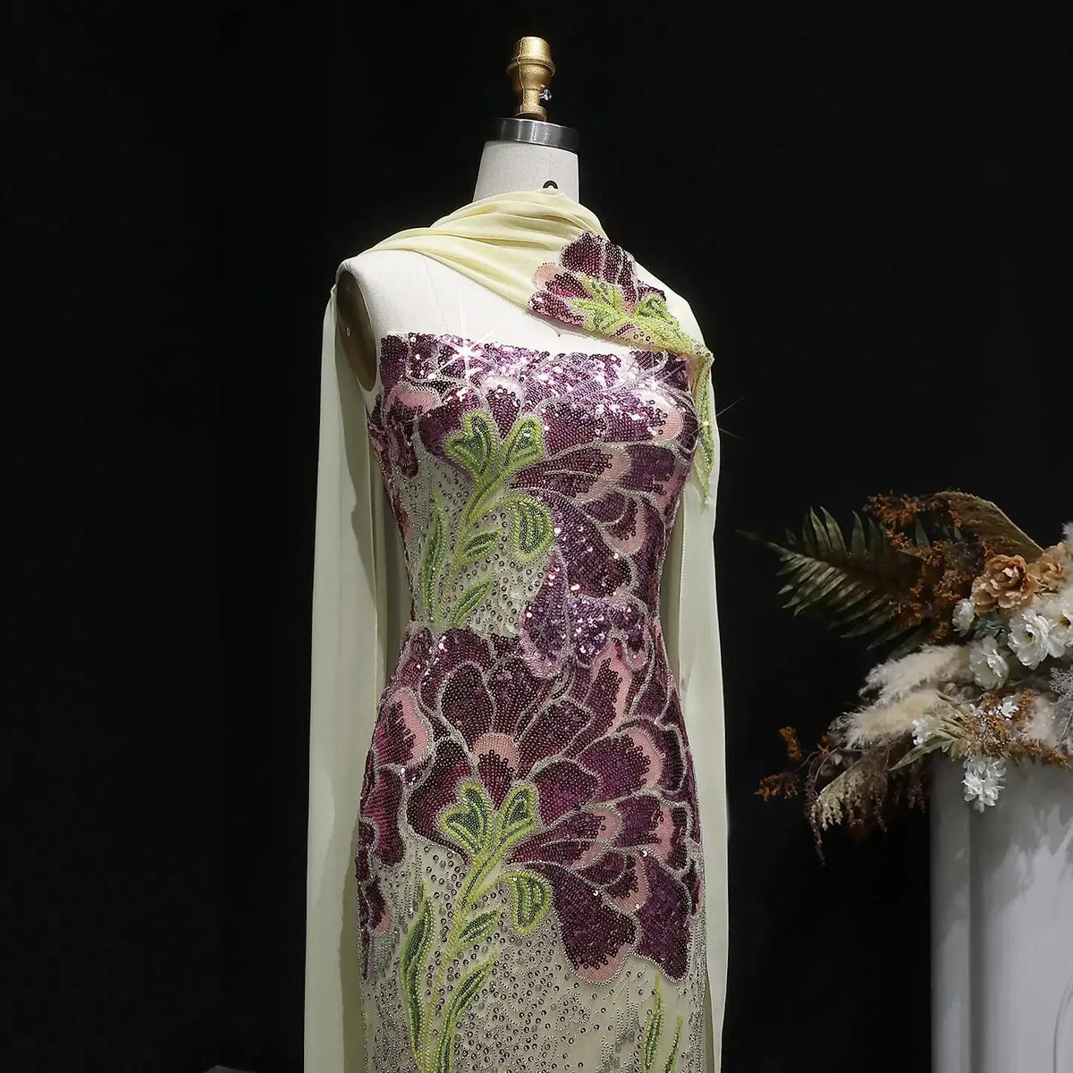 Luxury Purple Green Beaded sequin Cape Train Evening Dress SS511 