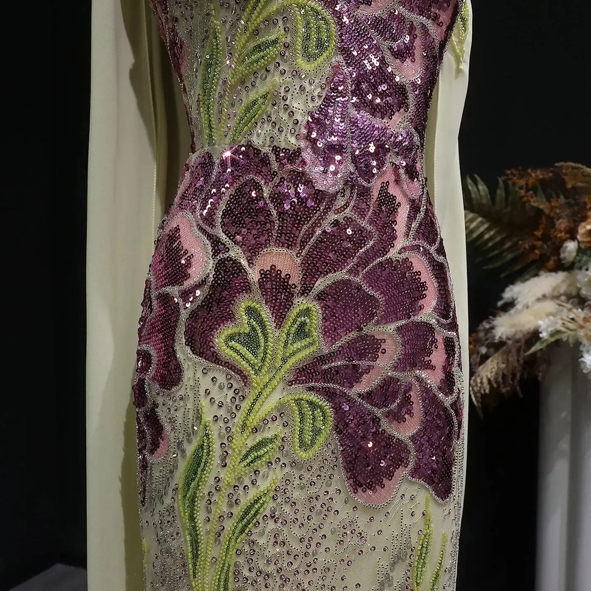 Luxury Purple Green Beaded sequin Cape Train Evening Dress SS511 