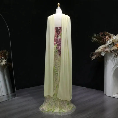 Luxury Purple Green Beaded sequin Cape Train Evening Dress SS511 