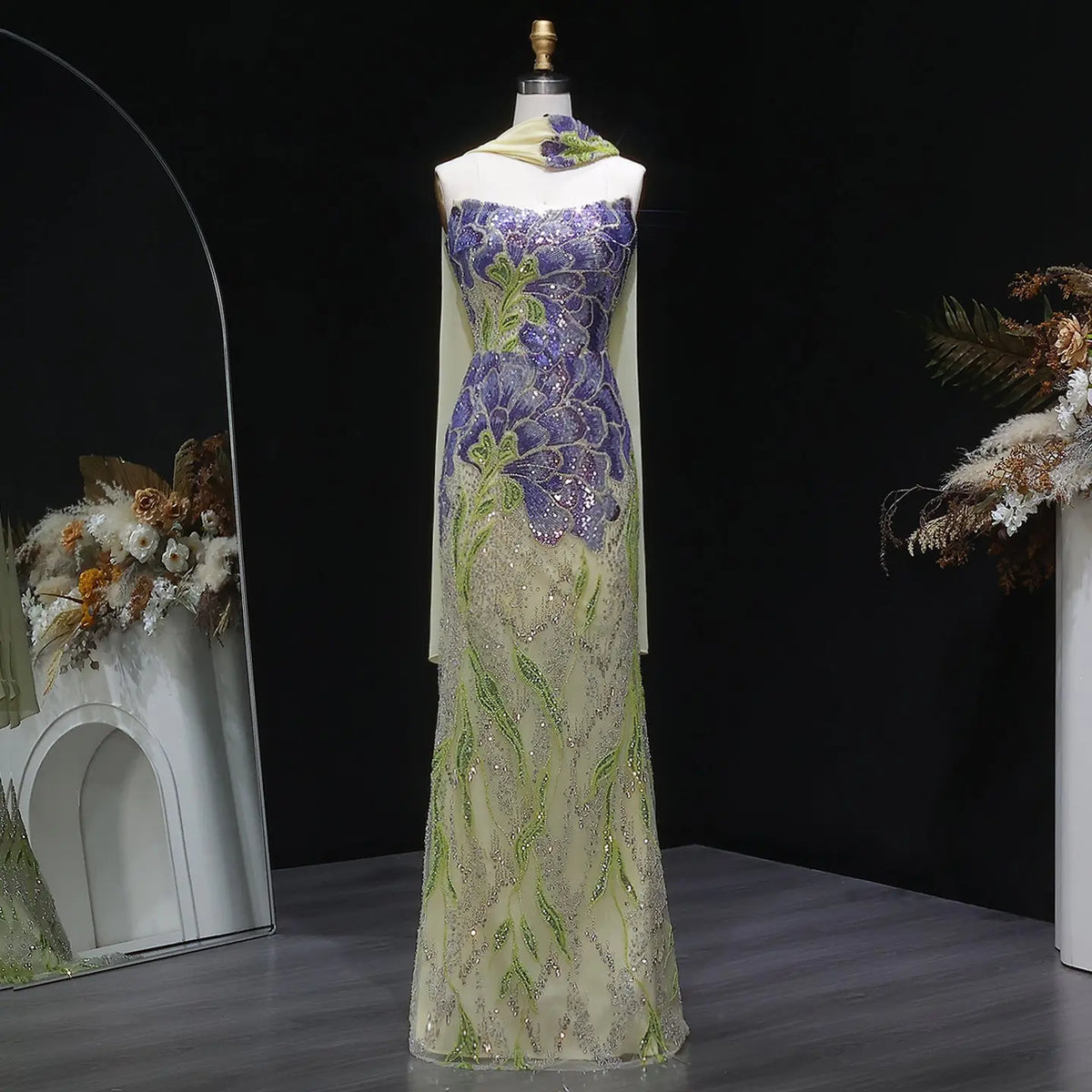 Luxury Purple Green Beaded sequin Cape Train Evening Dress SS511 