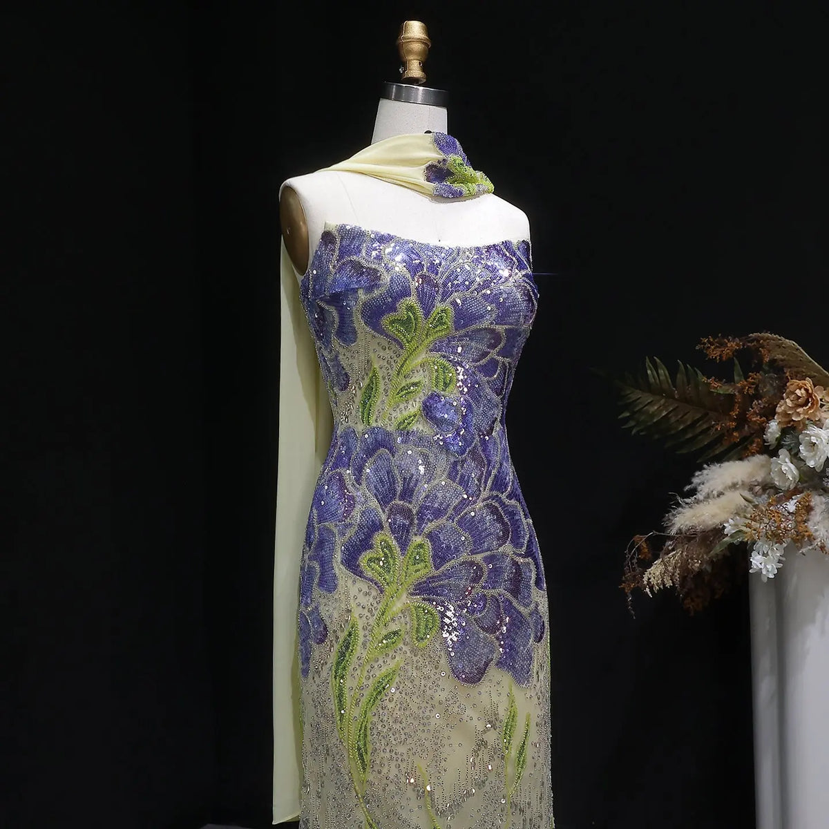 Luxury Purple Green Beaded sequin Cape Train Evening Dress SS511 