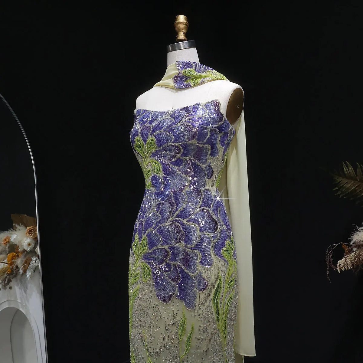 Luxury Purple Green Beaded sequin Cape Train Evening Dress SS511 