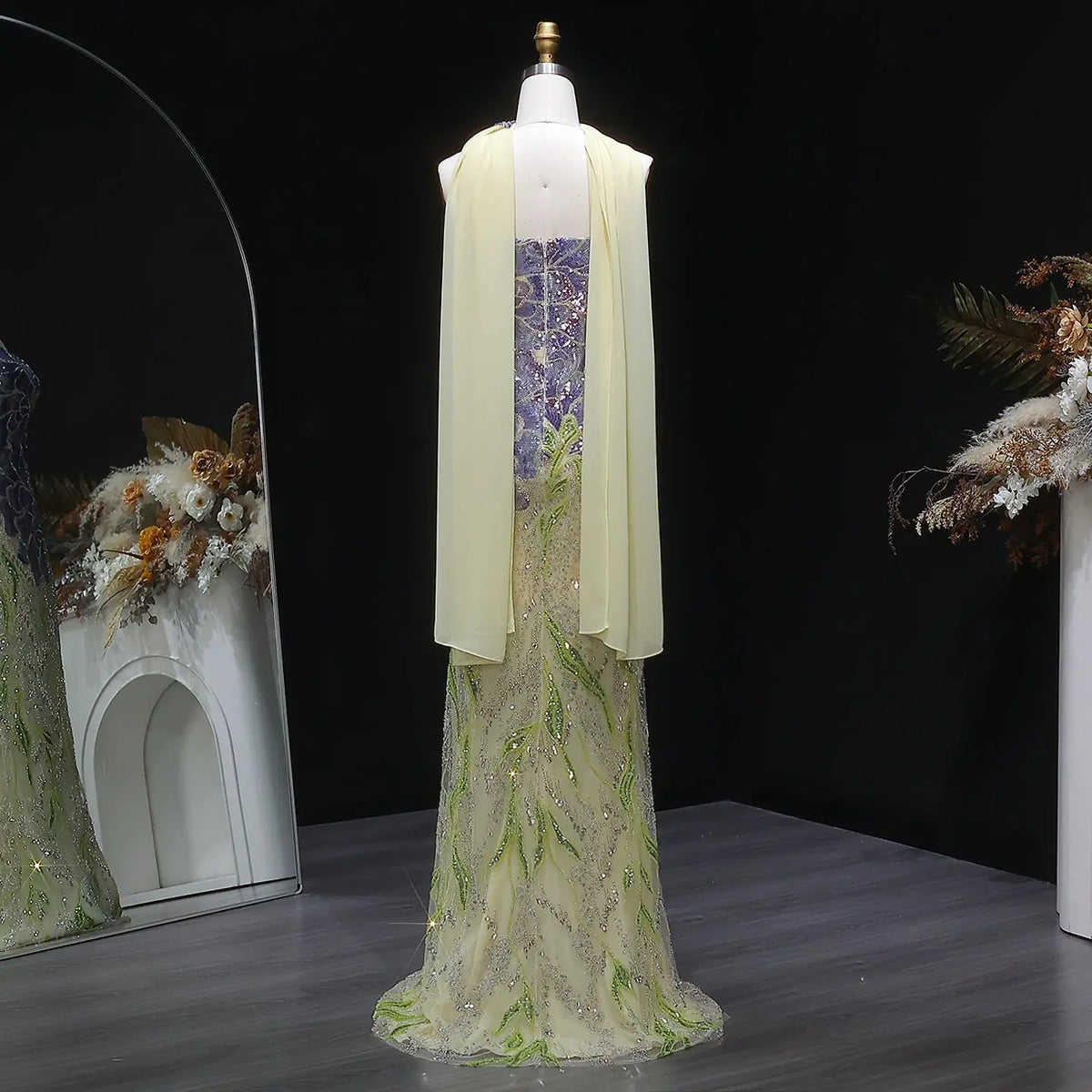 Luxury Purple Green Beaded sequin Cape Train Evening Dress SS511 