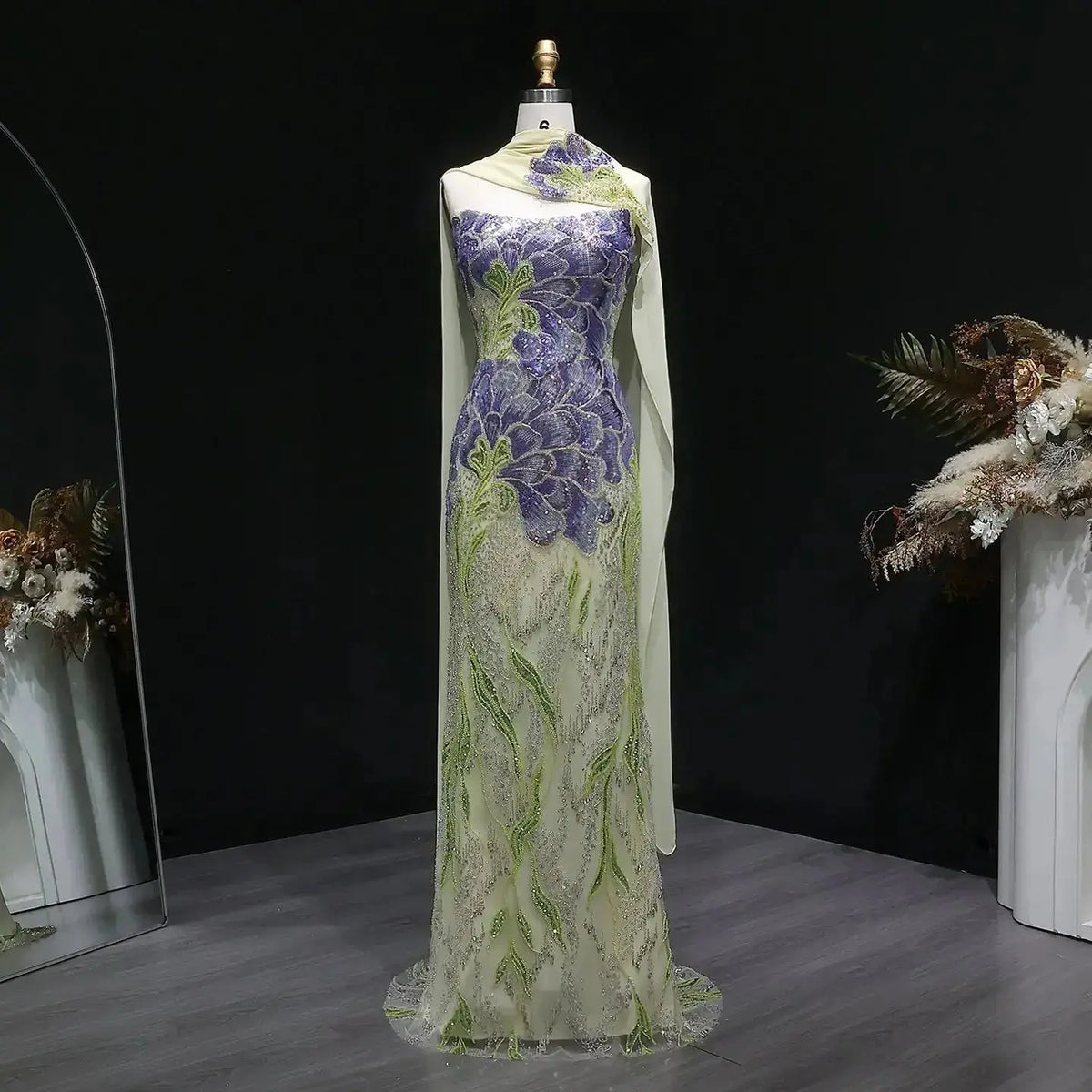 purple green floral dress Verbena Purple Cape Sleeve Floral Embellished Maxi Dress Frock and Frill