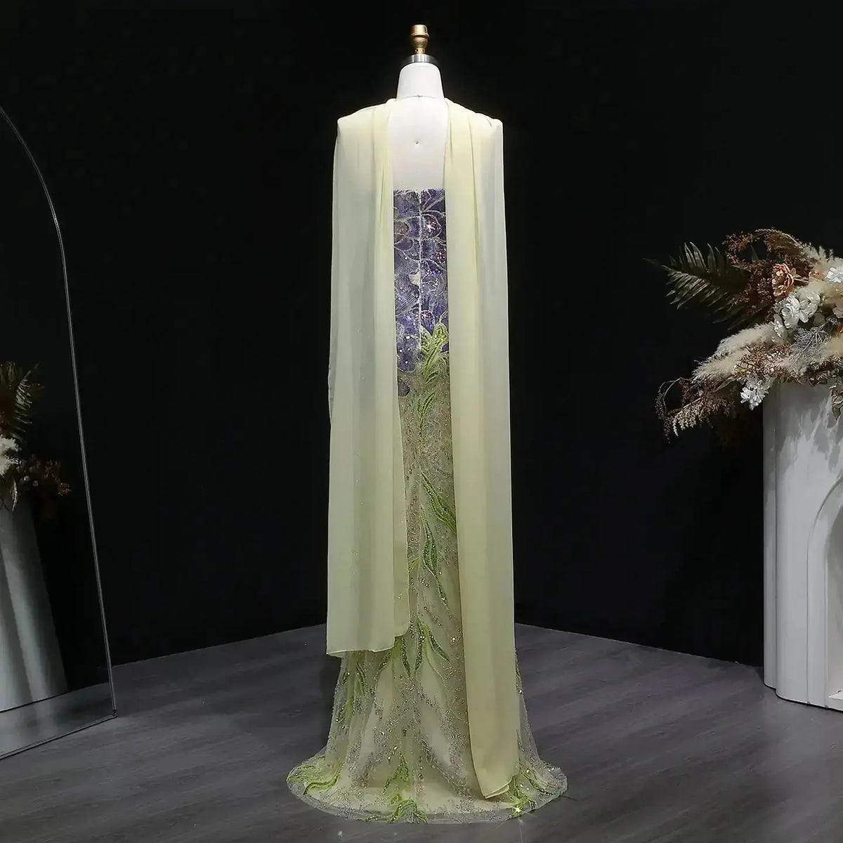 Luxury Purple Green Beaded sequin Cape Train Evening Dress SS511 SHARONSAID Luxury Purple Green Beaded sequin Cape Train Evening Dress SS511 SHARONSAID