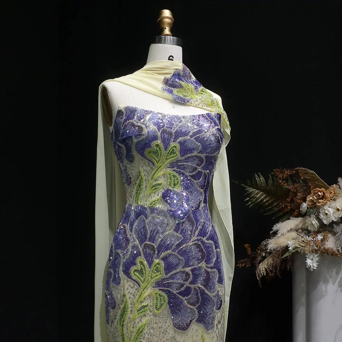 Luxury Purple Green Beaded sequin Cape Train Evening Dress SS511 