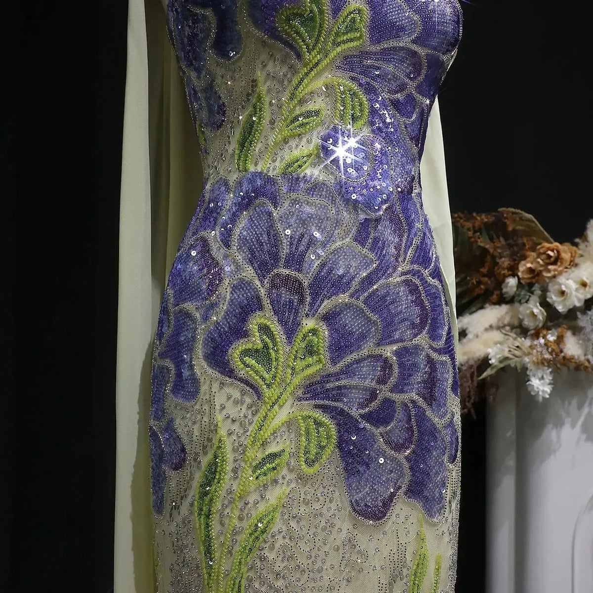 Luxury Purple Green Beaded sequin Cape Train Evening Dress SS511 