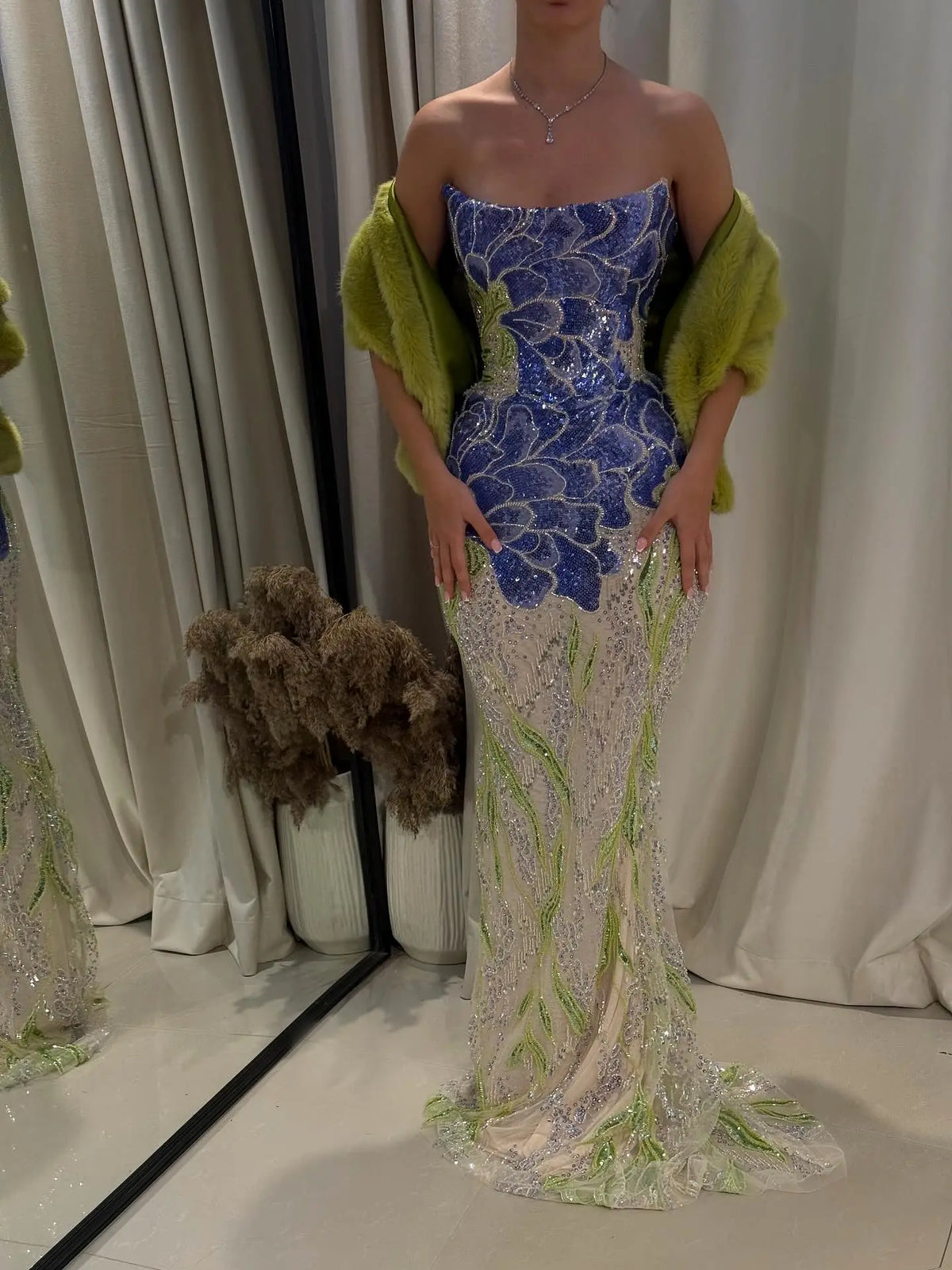 Luxury Purple Green Beaded sequin Cape Train Evening Dress SS511 