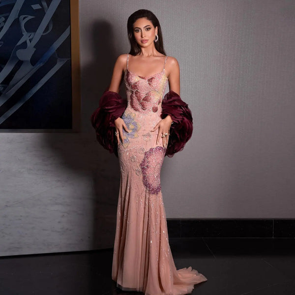 Luxury Pink Floral Beaded Evening Dress with Burgundy Shawl SS515
