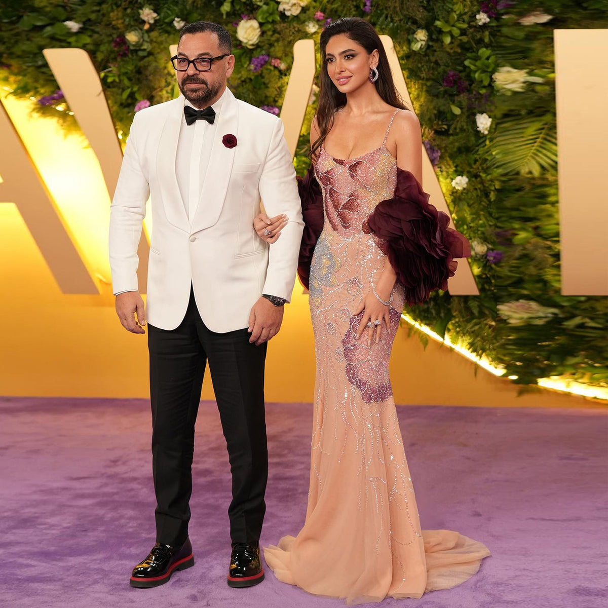 Luxury Pink Floral Beaded Evening Dress with Burgundy Shawl SS515