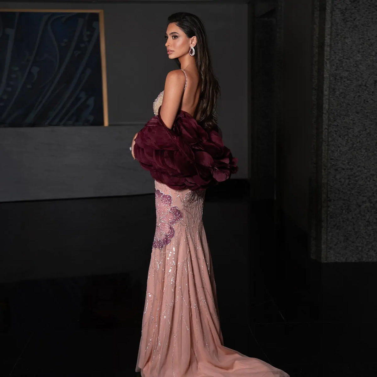 evening dress with shawl Luxury Pink Floral Beaded Evening Dress with Burgundy Shawl SS515