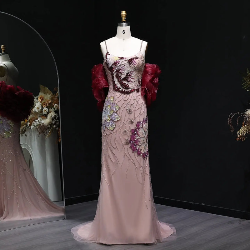 Luxury Pink Floral Beaded Evening Dress with Burgundy Shawl SS515 