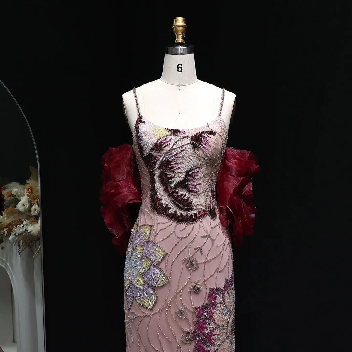 Luxury Pink Floral Beaded Evening Dress with Burgundy Shawl SS515 Luxury Pink Floral Beaded Evening Dress with Burgundy Shawl SS515