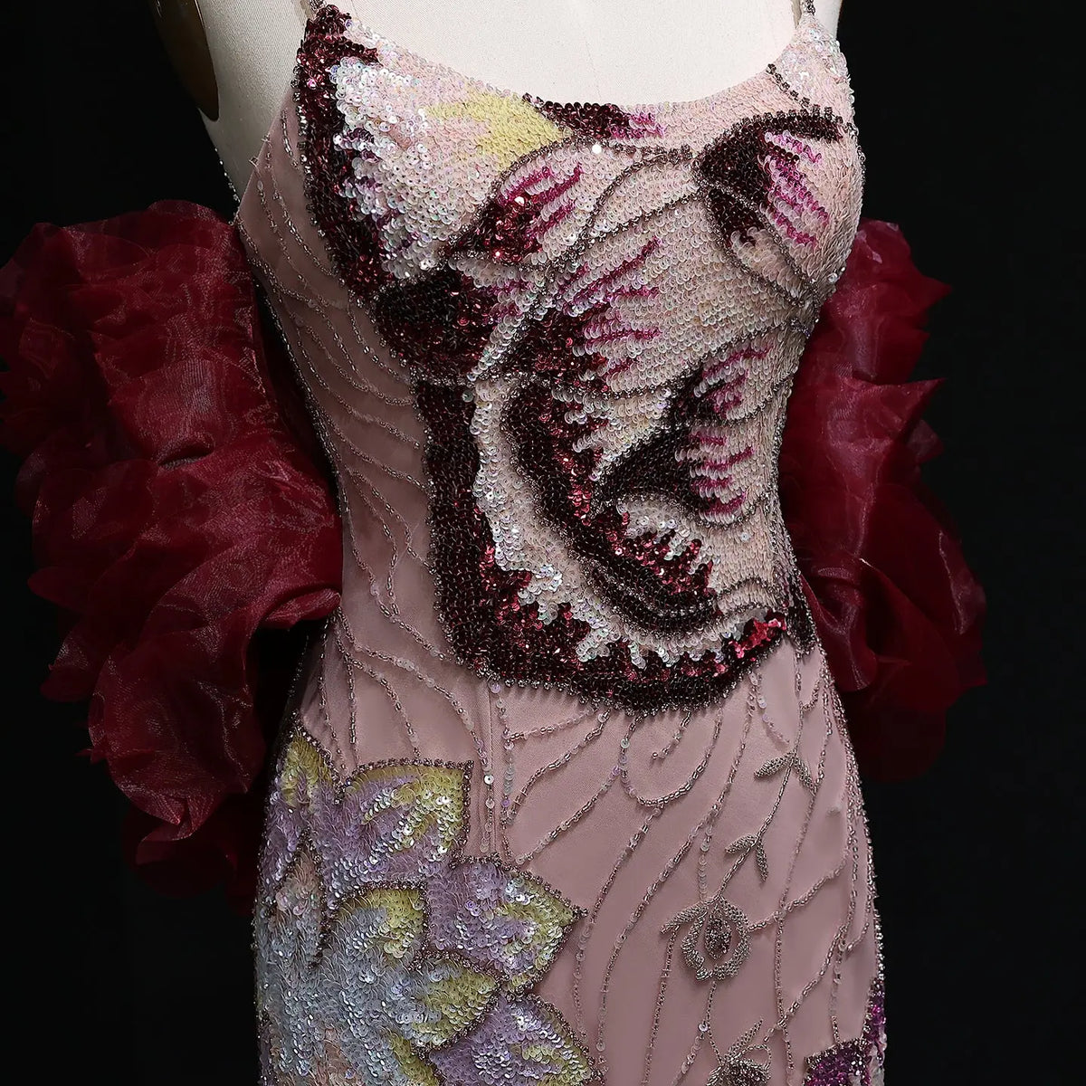 Luxury Pink Floral Beaded Evening Dress with Burgundy Shawl SS515 Luxury Pink Floral Beaded Evening Dress with Burgundy Shawl SS515