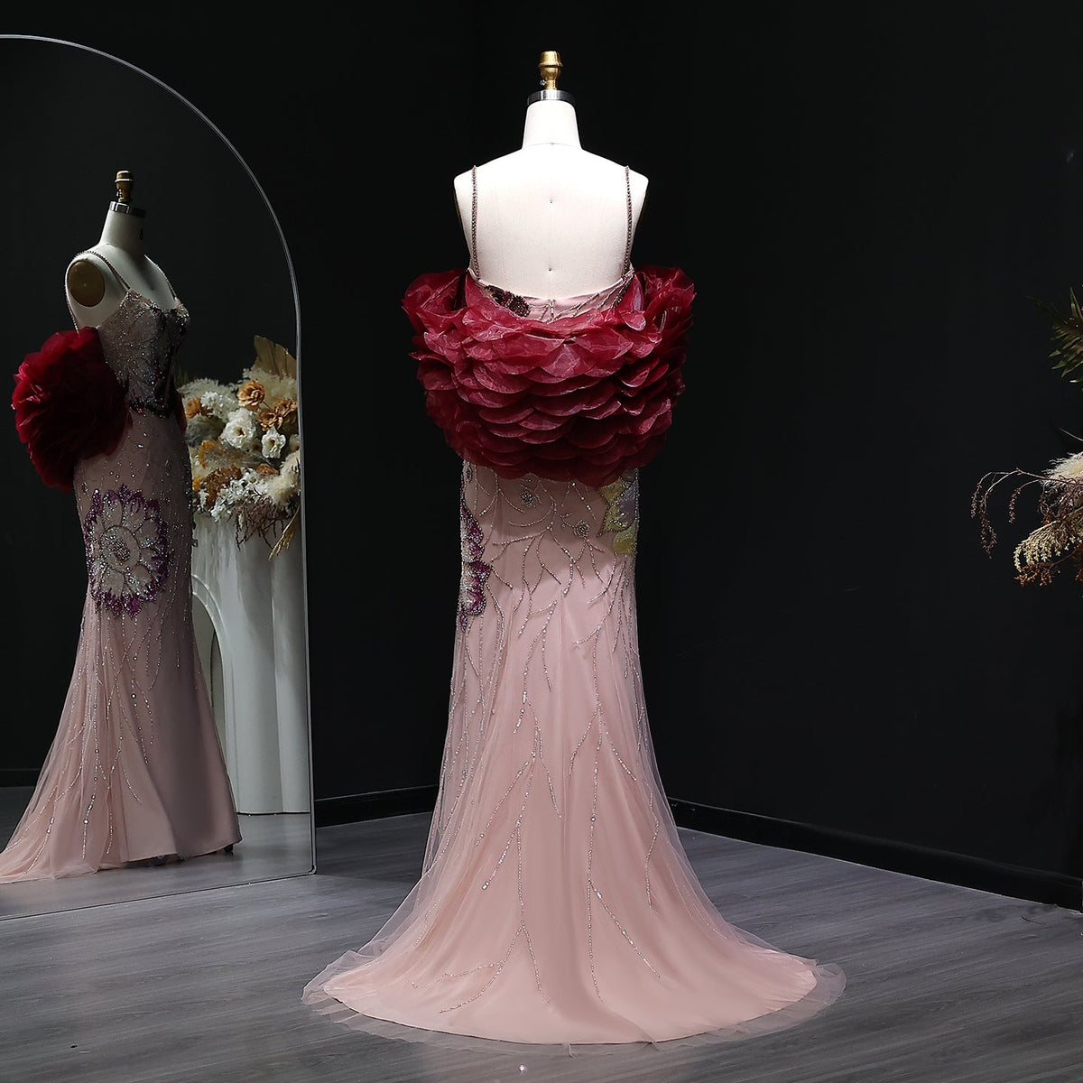 Luxury Pink Floral Beaded Evening Dress with Burgundy Shawl SS515