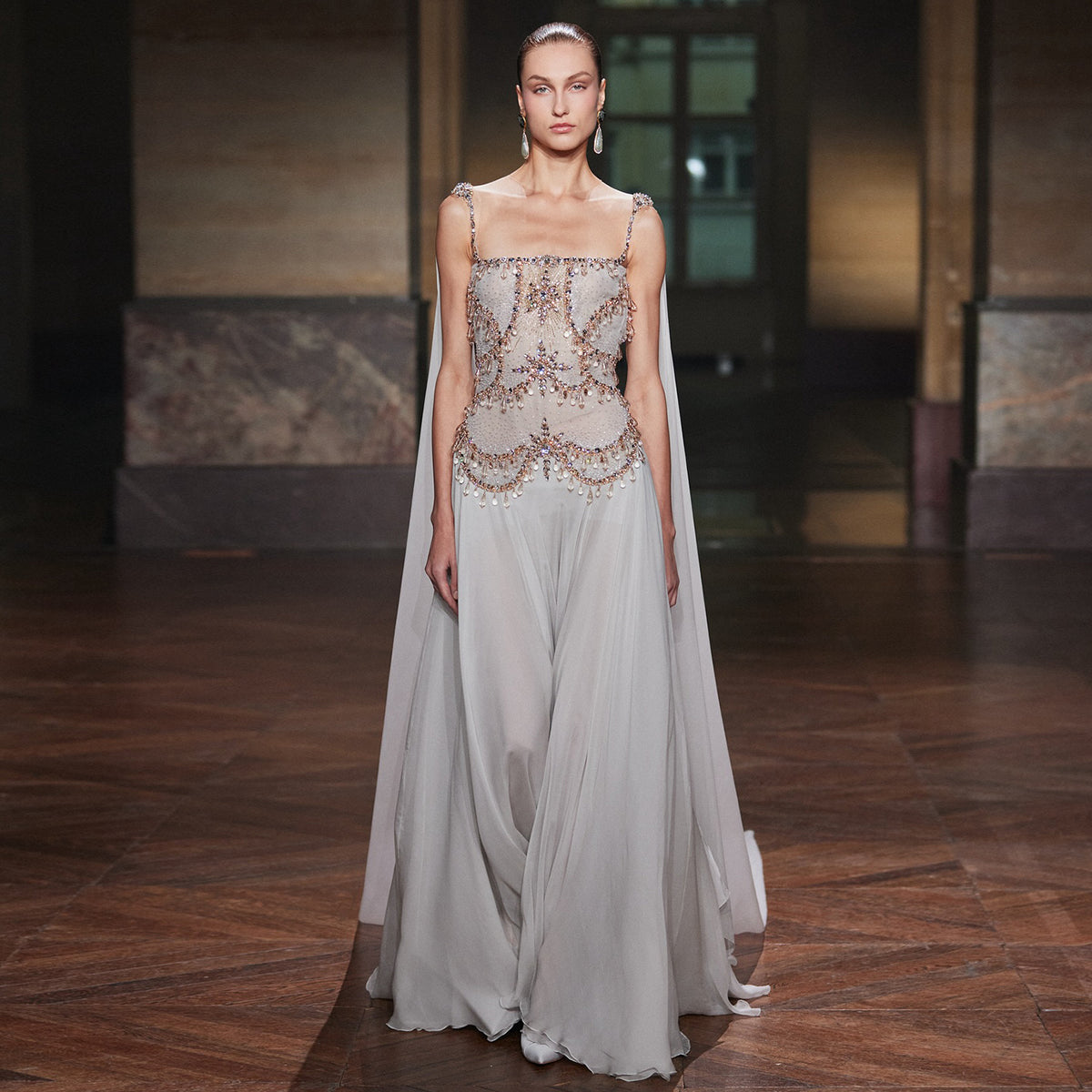 Elegant Silver Gold Large Crystal Evening Dress with Cap SS517 