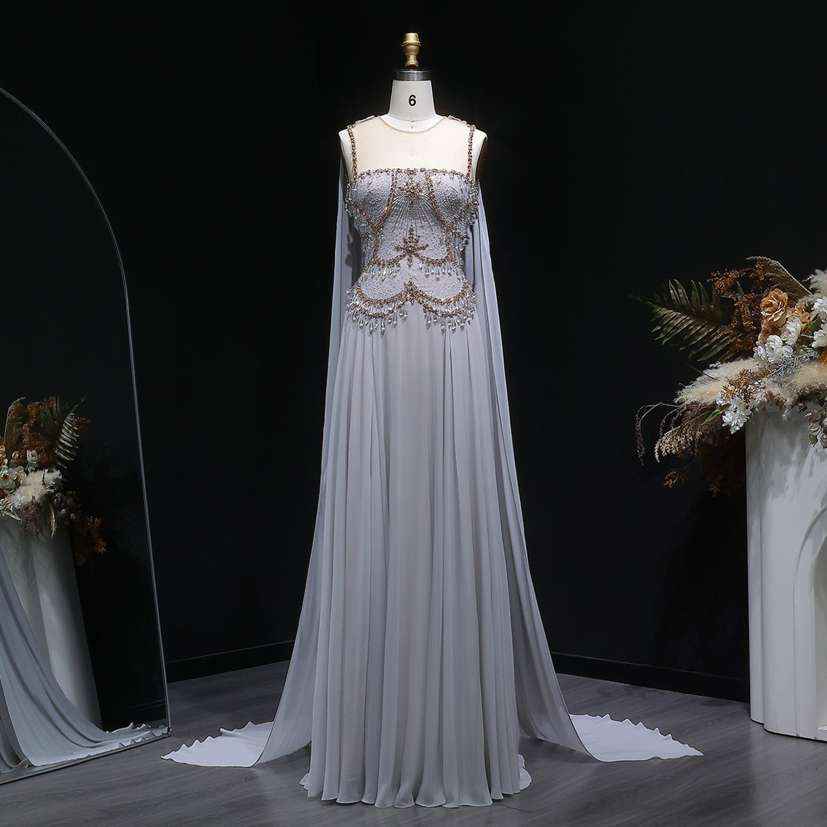 Elegant Silver Gold Large Crystal Evening Dress with Cap SS517 