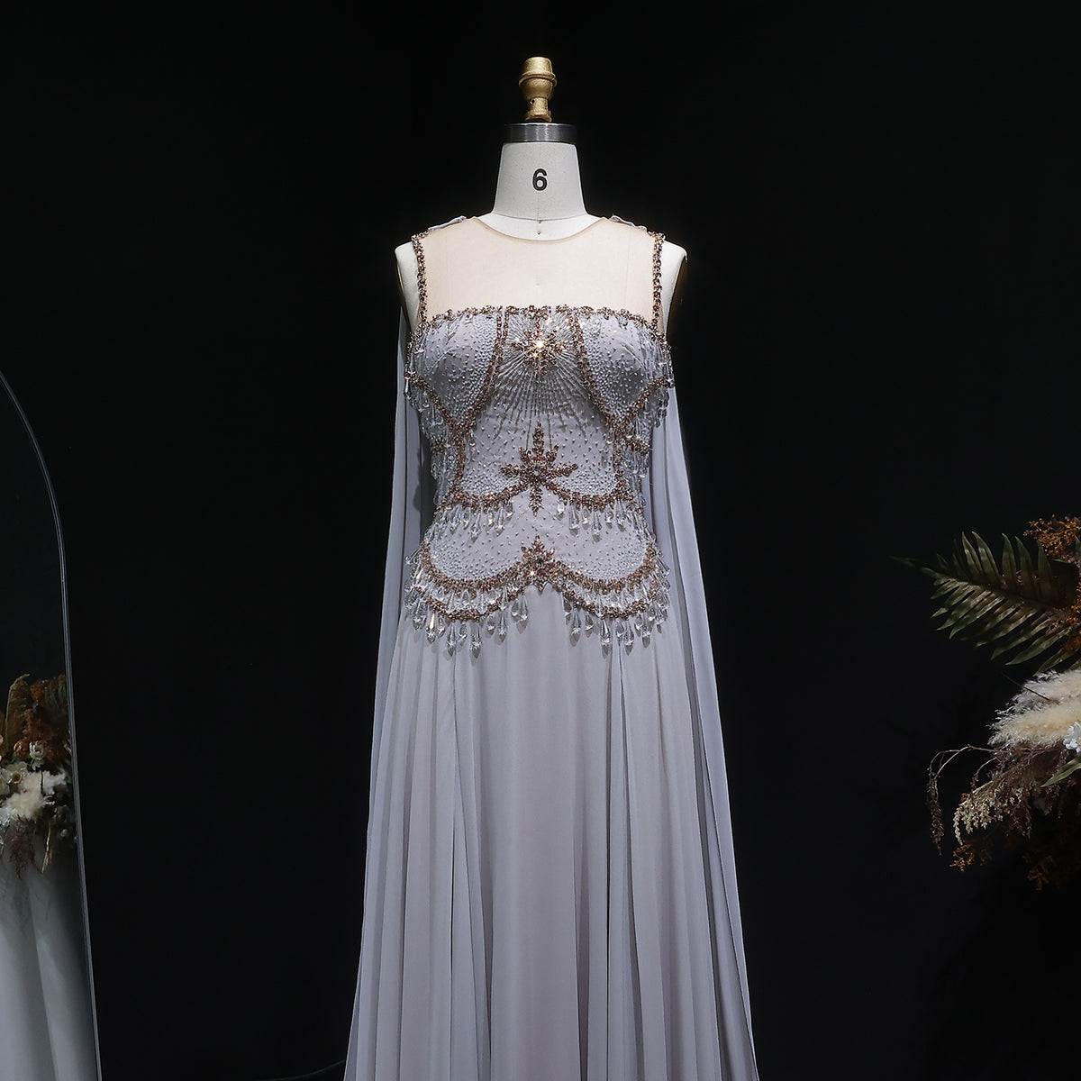 Elegant Silver Gold Large Crystal Evening Dress with Cap SS517 