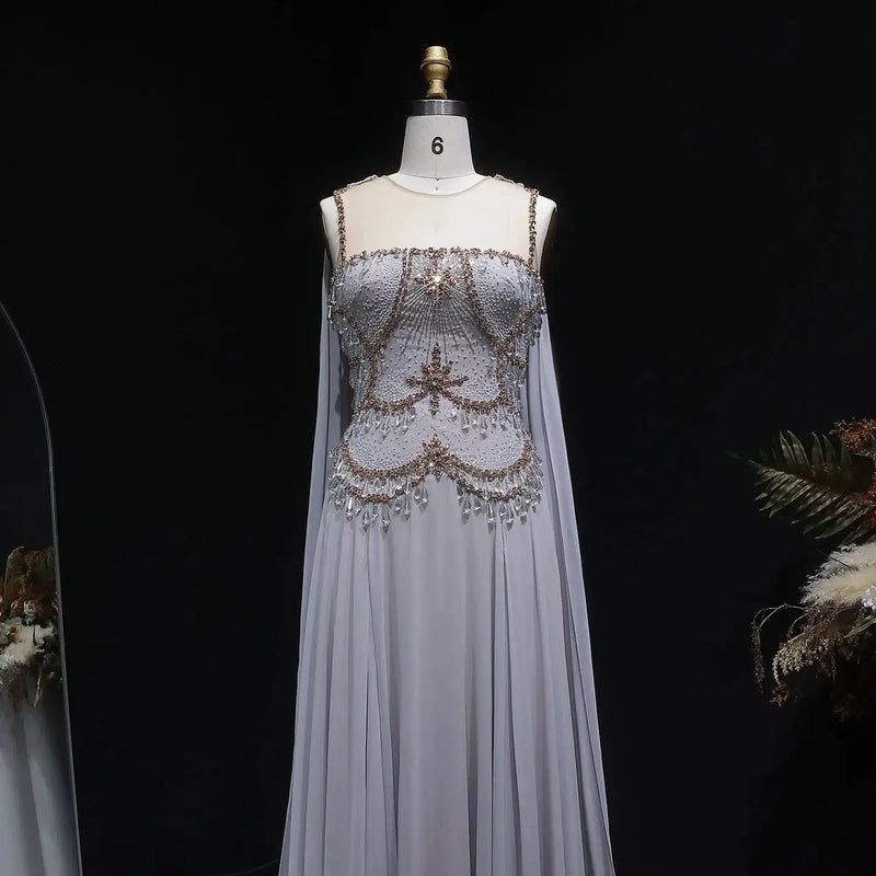 Elegant Silver Gold Large Crystal Evening Dress with Cap SS517 