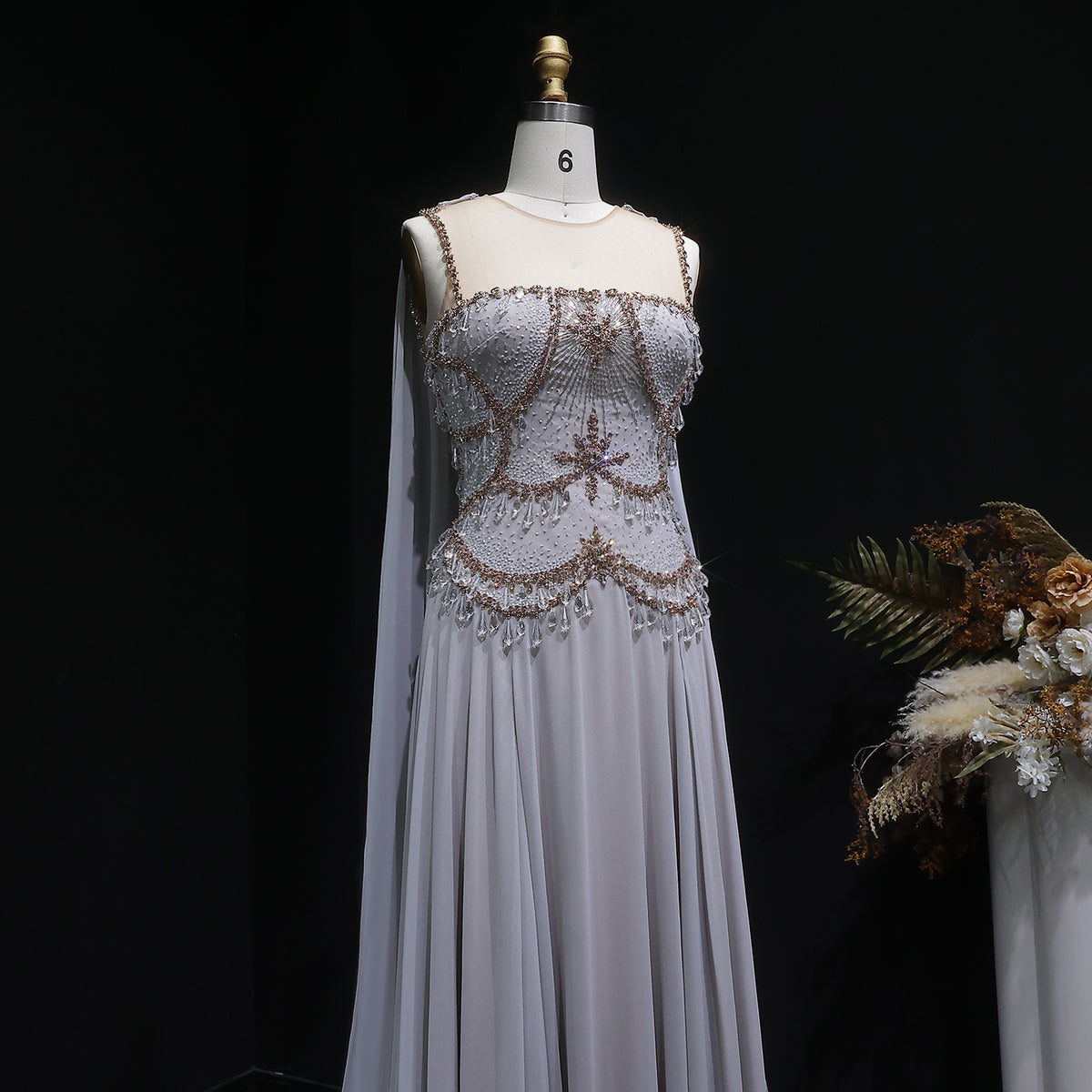 Elegant Silver Gold Large Crystal Evening Dress with Cap SS517 