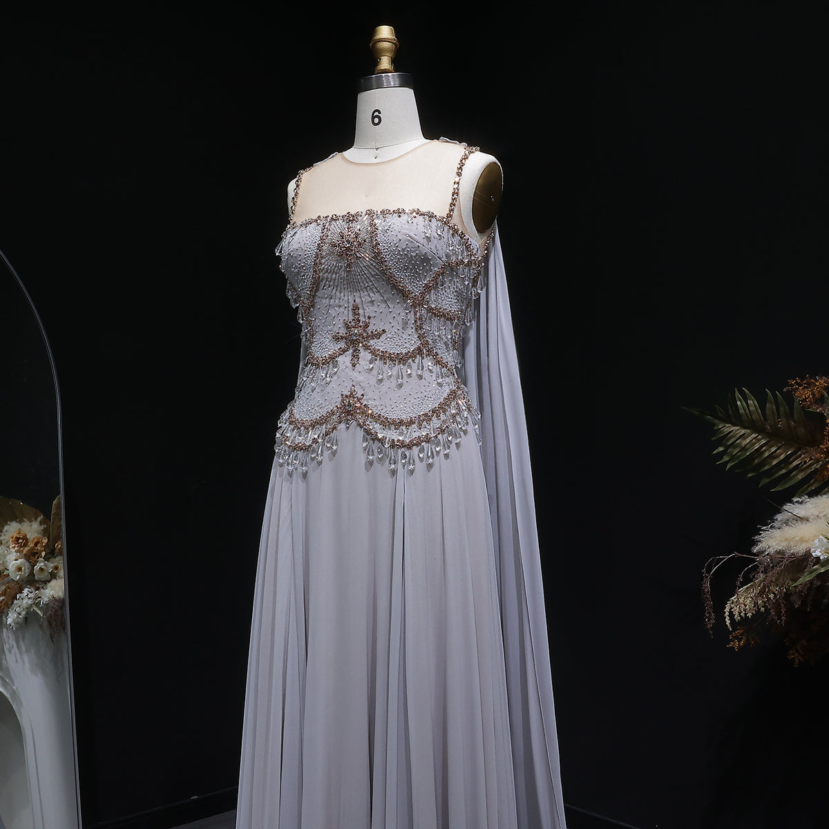 Elegant Silver Gold Large Crystal Evening Dress with Cap SS517 