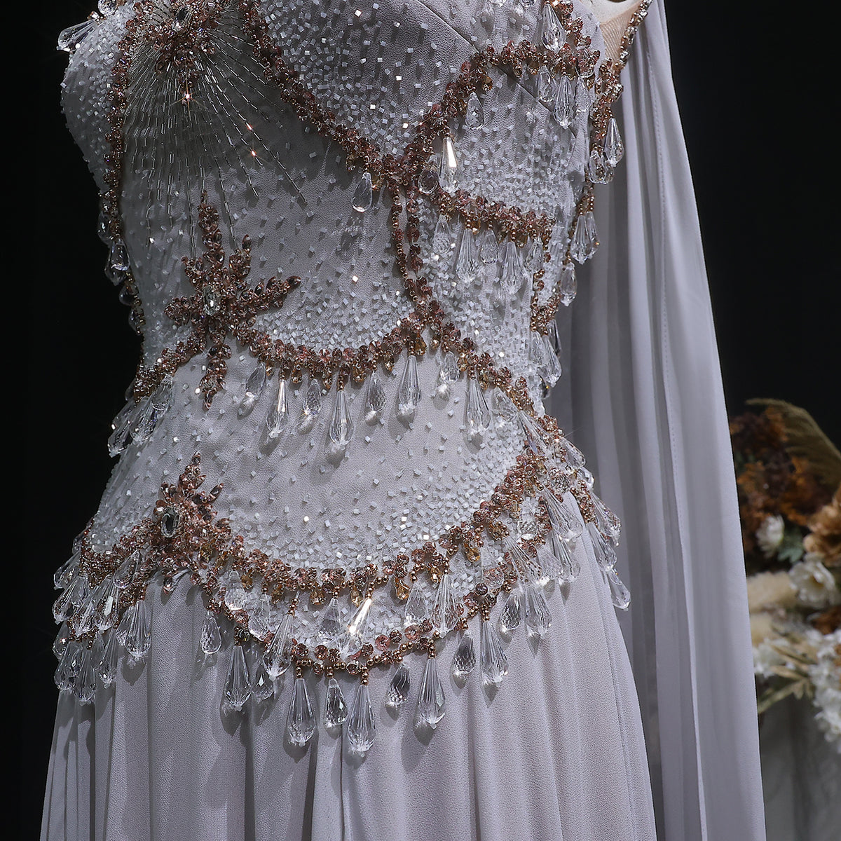 Elegant Silver Gold Large Crystal Evening Dress with Cap SS517 