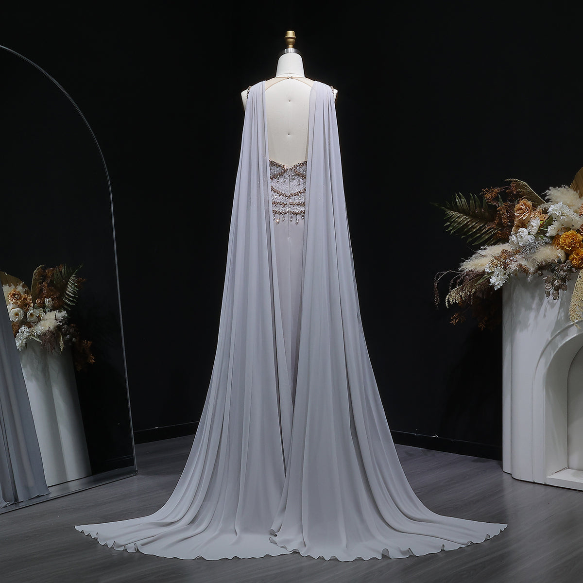 Elegant Silver Gold Large Crystal Evening Dress with Cap SS517 