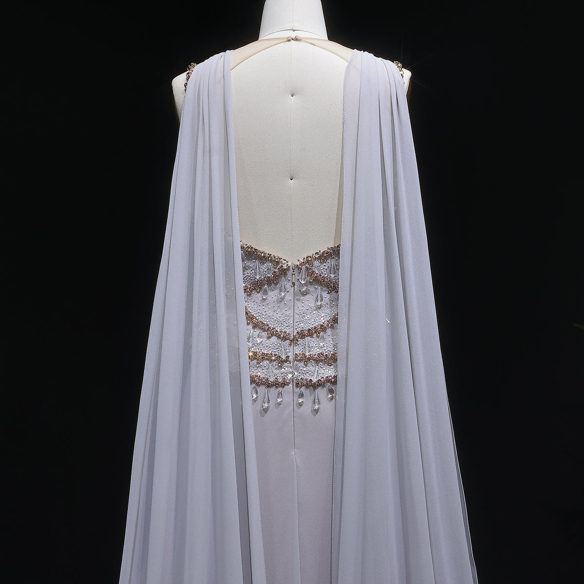 Elegant Silver Gold Large Crystal Evening Dress with Cap SS517 