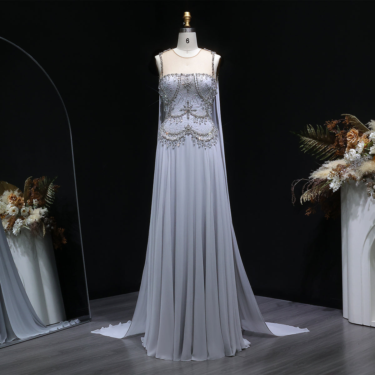 Elegant Silver Gold Large Crystal Evening Dress with Cap SS517 