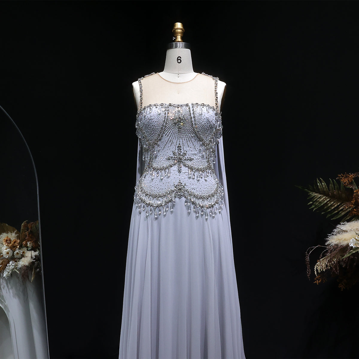 Elegant Silver Gold Large Crystal Evening Dress with Cap SS517 
