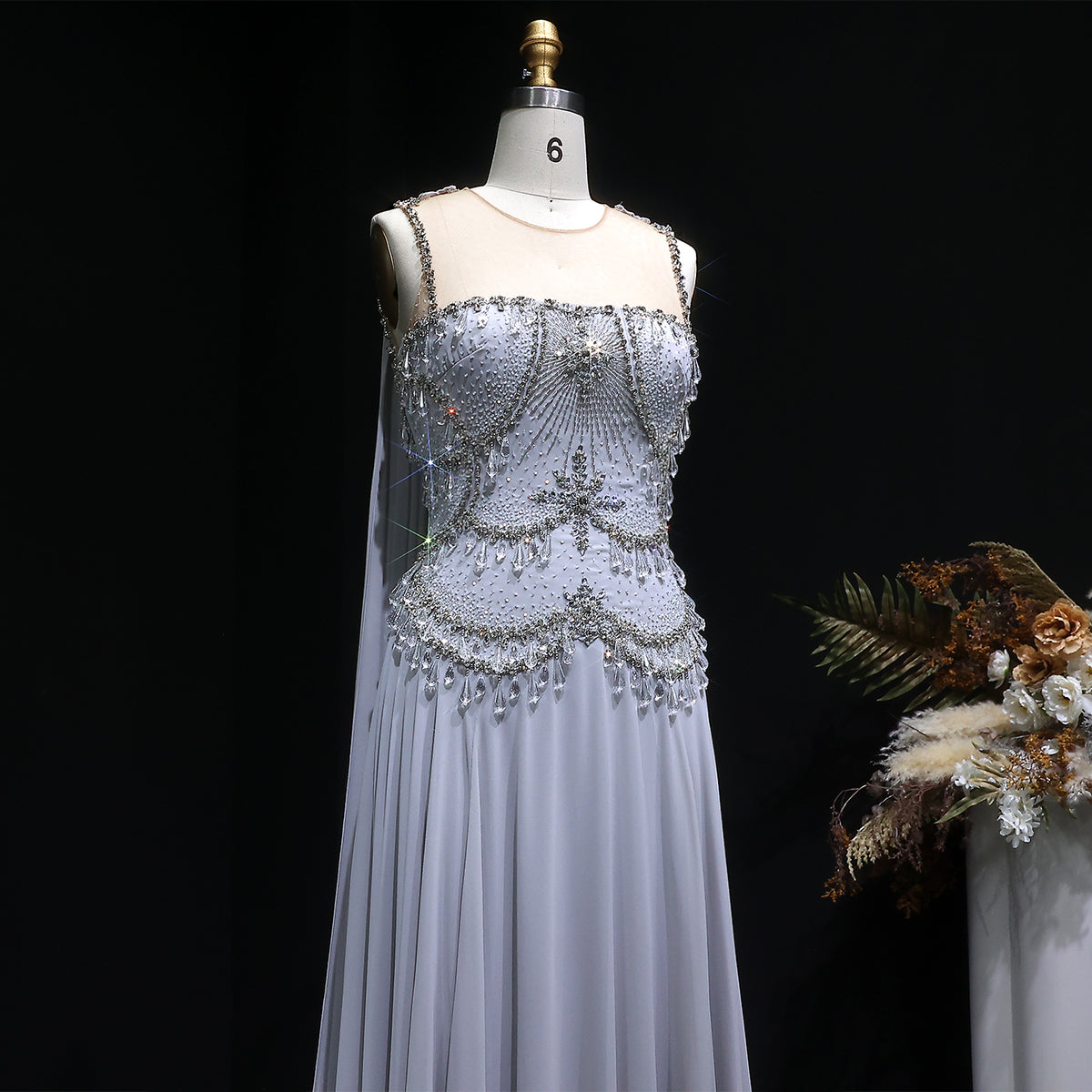 Elegant Silver Gold Large Crystal Evening Dress with Cap SS517 