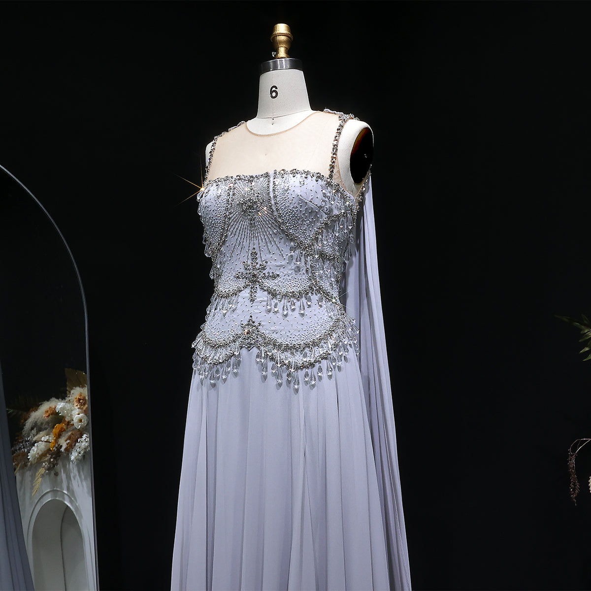 Elegant Silver Gold Large Crystal Evening Dress with Cap SS517 