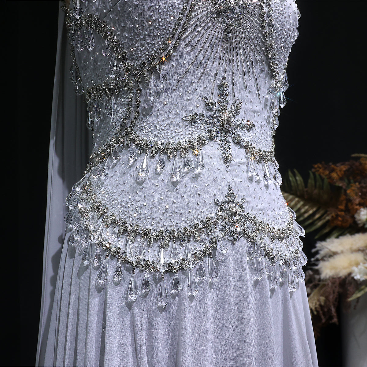 Elegant Silver Gold Large Crystal Evening Dress with Cap SS517 