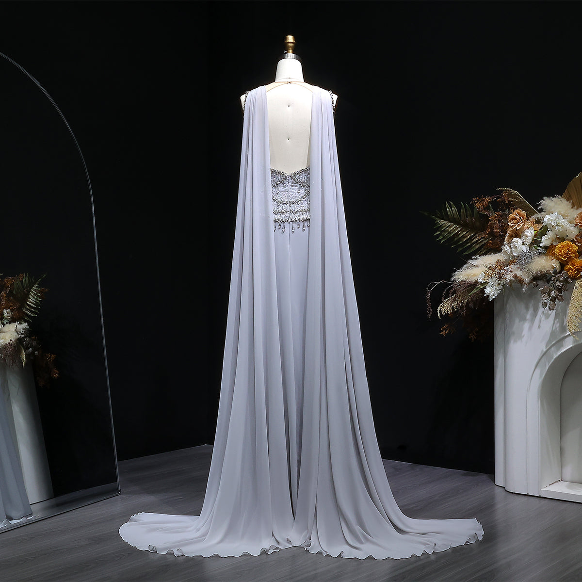 Elegant Silver Gold Large Crystal Evening Dress with Cap SS517 