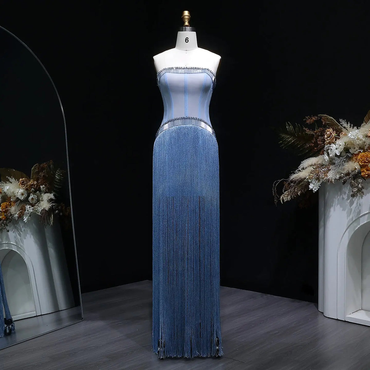 Elegant Blue Strapless Crystal Fringe Evening Dress SS520 