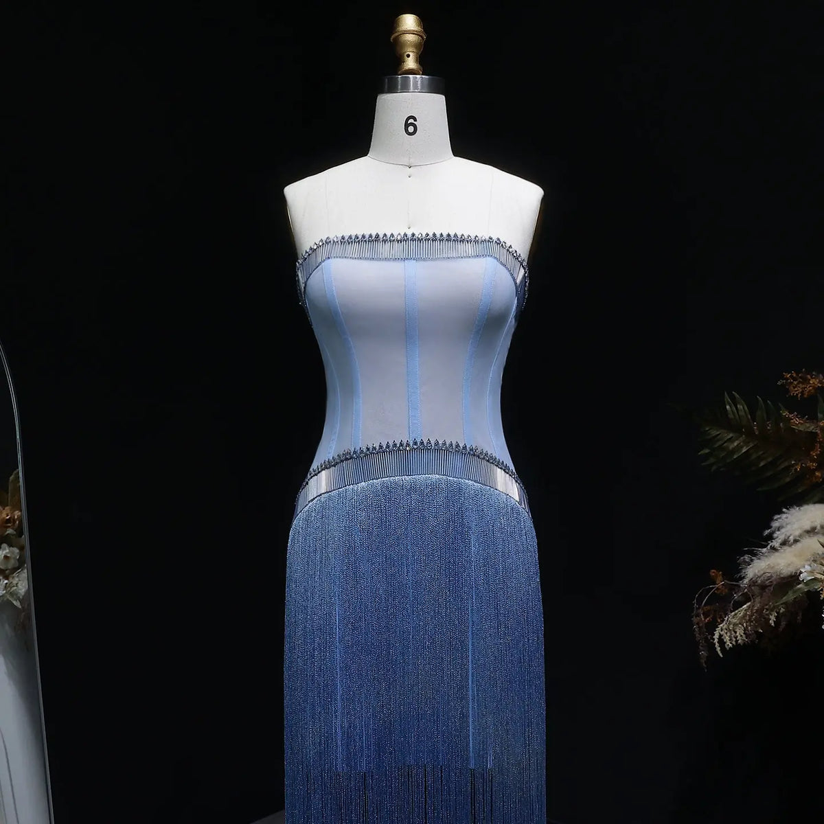Elegant Blue Strapless Crystal Fringe Evening Dress SS520 