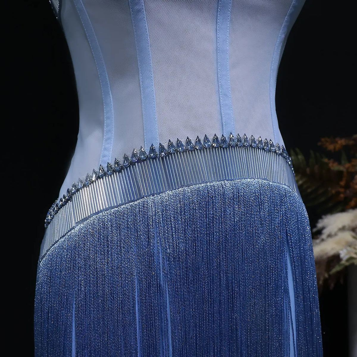 Elegant Blue Strapless Crystal Fringe Evening Dress SS520 