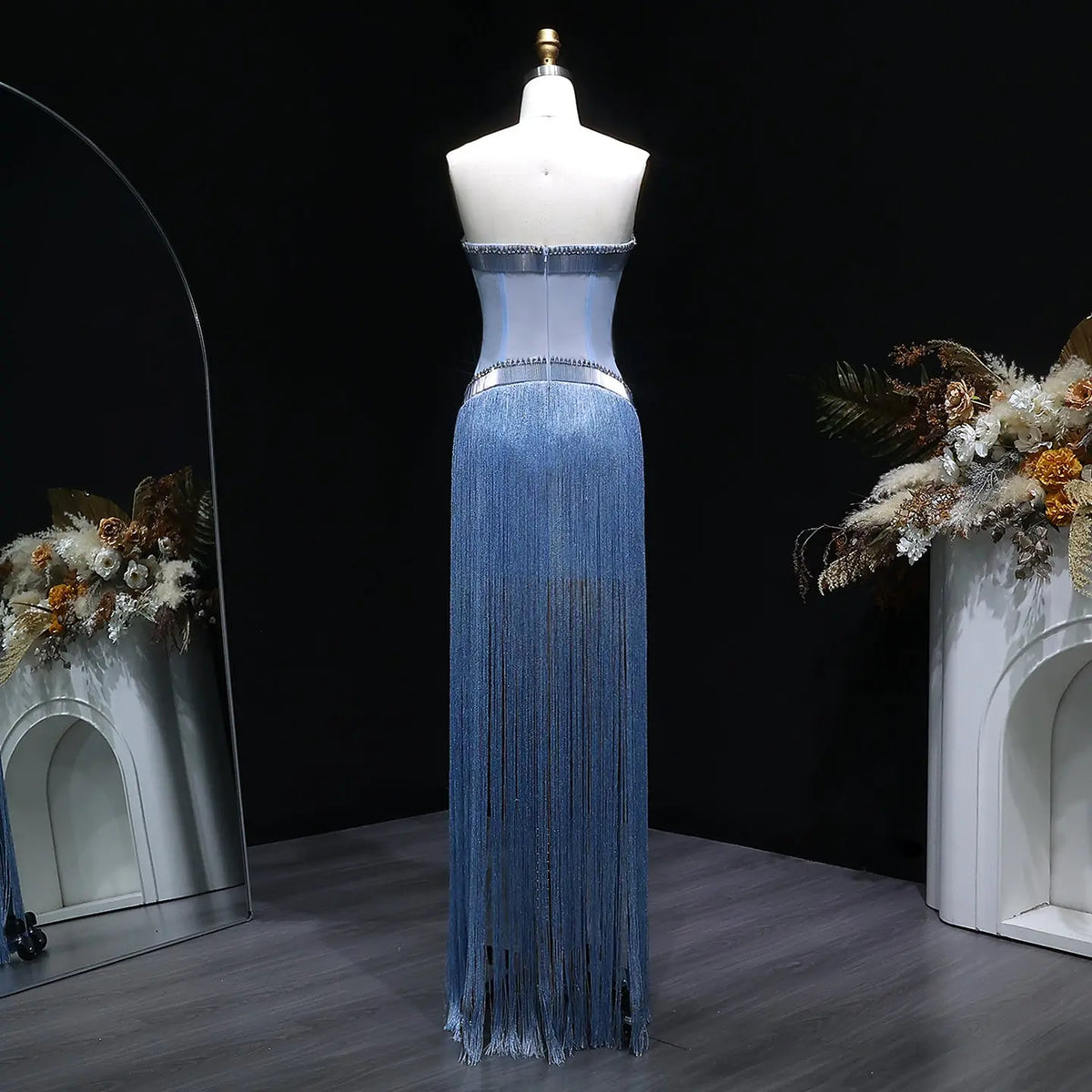 Elegant Blue Strapless Crystal Fringe Evening Dress SS520 