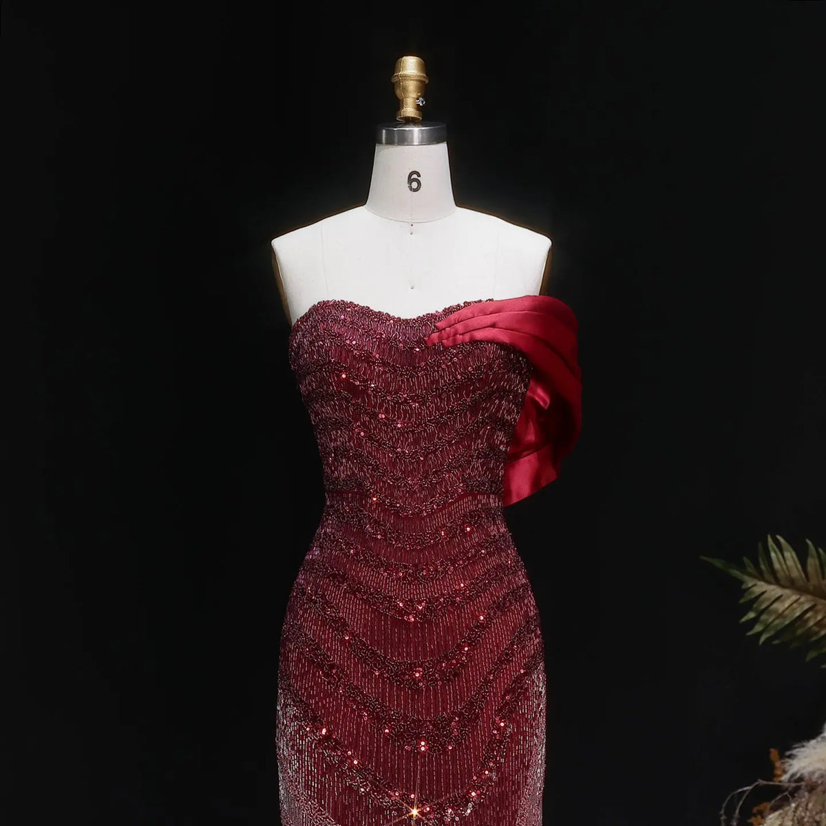 Luxury Burgundy Beaded Ombre Off-Shoulder Mermaid Evening Dress with Cap SS530-6