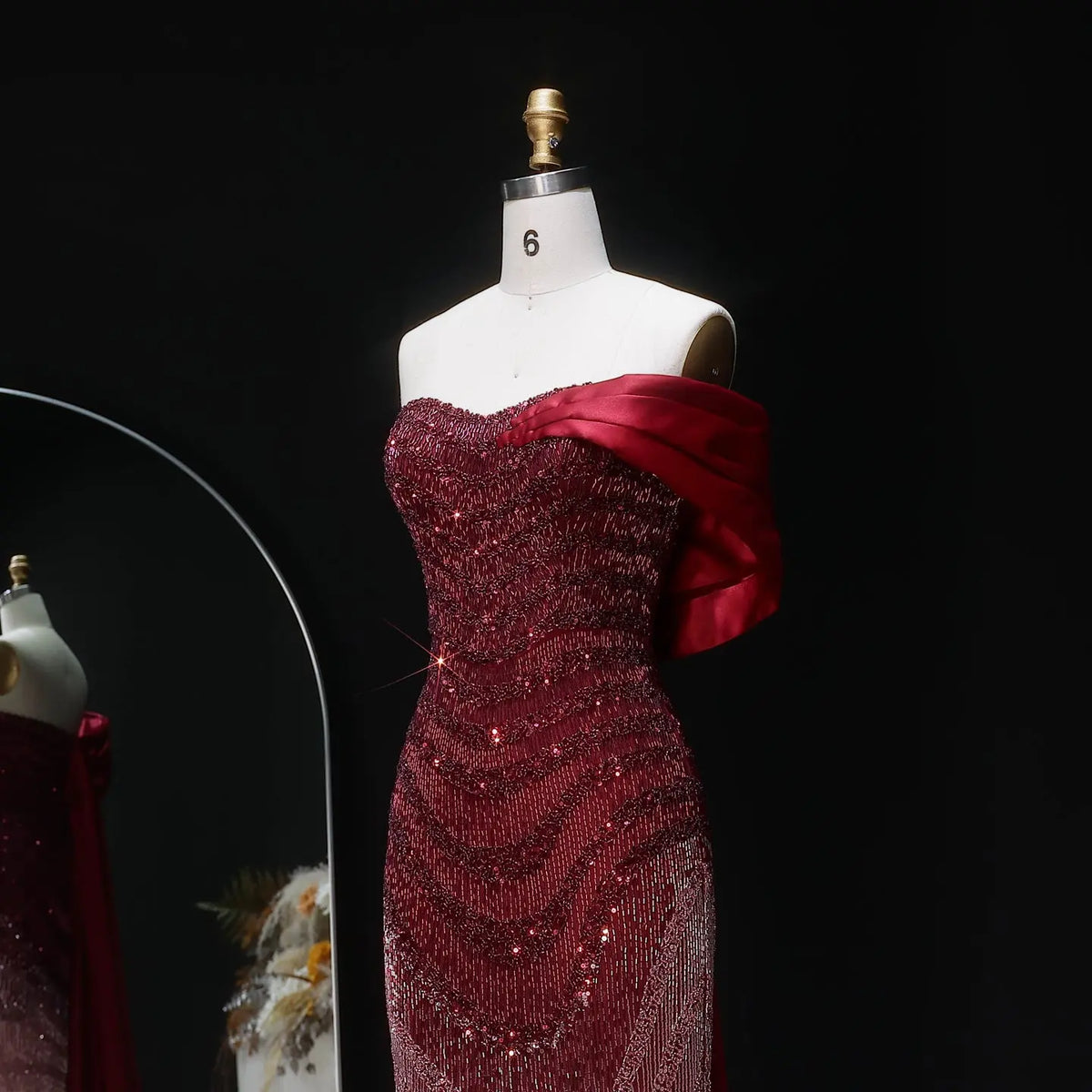 Luxury Burgundy Beaded Ombre Off-Shoulder Mermaid Evening Dress with Cap SS530-7