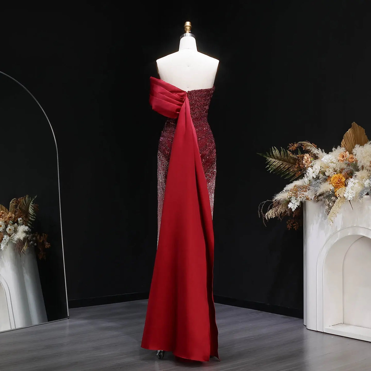 Luxury Burgundy Beaded Ombre Off-Shoulder Mermaid Evening Dress with C   SHARONSAID