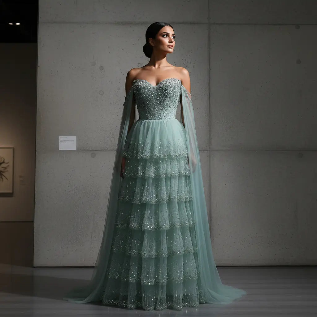 Elegant Off-Shoulder Green Tiered Tulle Evening Dress with Flowing Sleeves SS532 