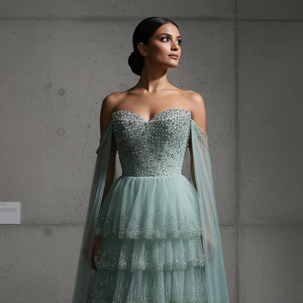 Elegant Off-Shoulder Green Tiered Tulle Evening Dress with Flowing Sleeves SS532 