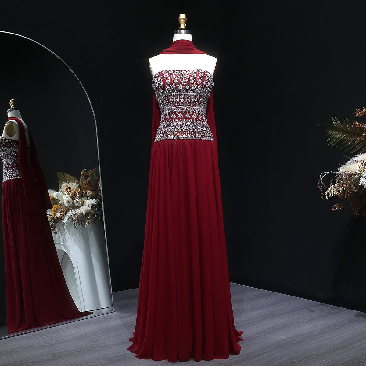 Strapless Lilac Beaded Bodice Evening Dress with Flowing Skirt SS539 