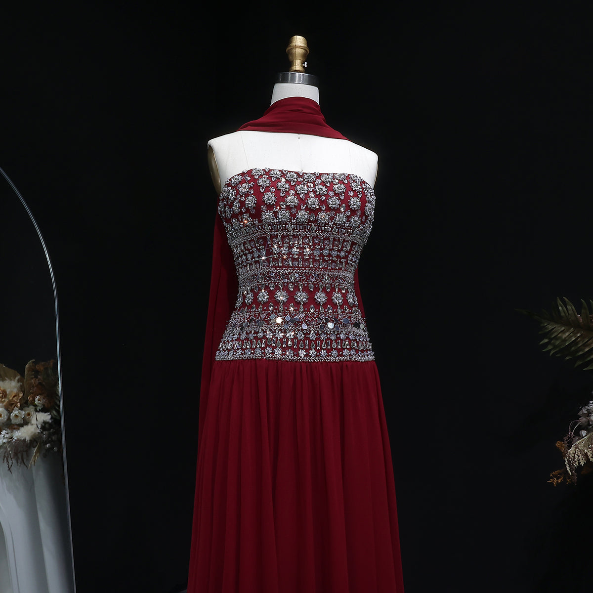 Strapless Lilac Beaded Bodice Evening Dress with Flowing Skirt SS539 