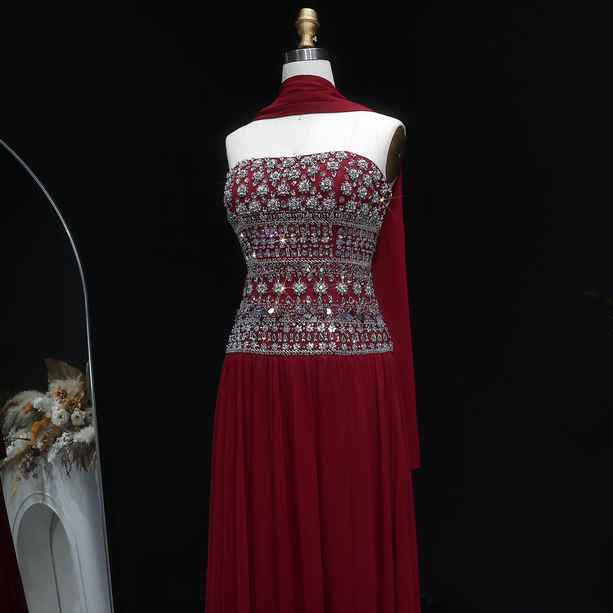 Strapless Lilac Beaded Bodice Evening Dress with Flowing Skirt SS539 