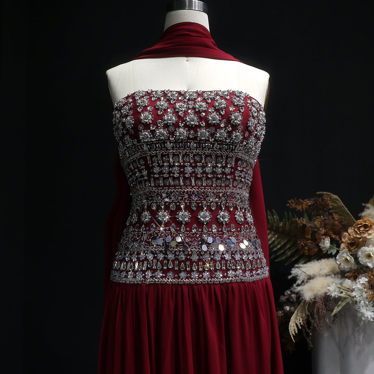 Strapless Lilac Beaded Bodice Evening Dress with Flowing Skirt SS539 